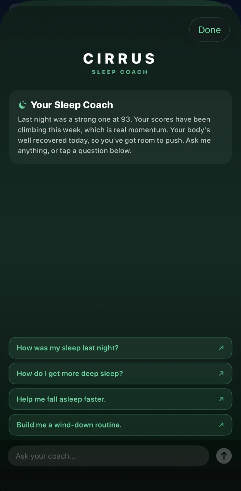 Cirrus Sleep Coach AI chat answering questions about your sleep