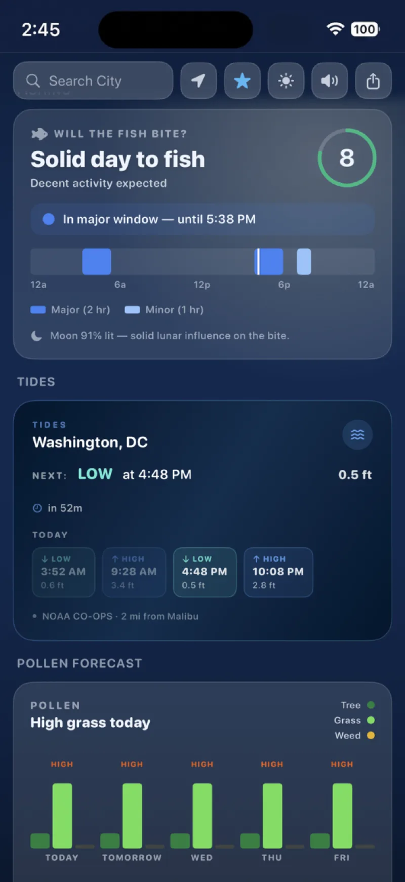Will the Fish Bite forecast, tides, and pollen outlook