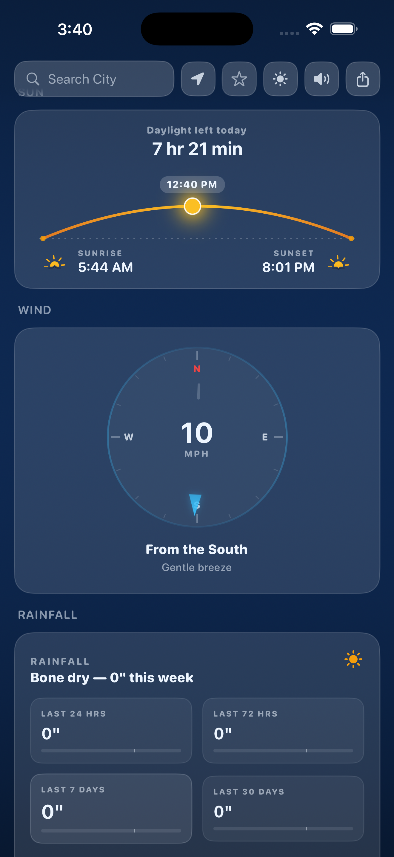 Daylight arc, wind compass, and rainfall totals
