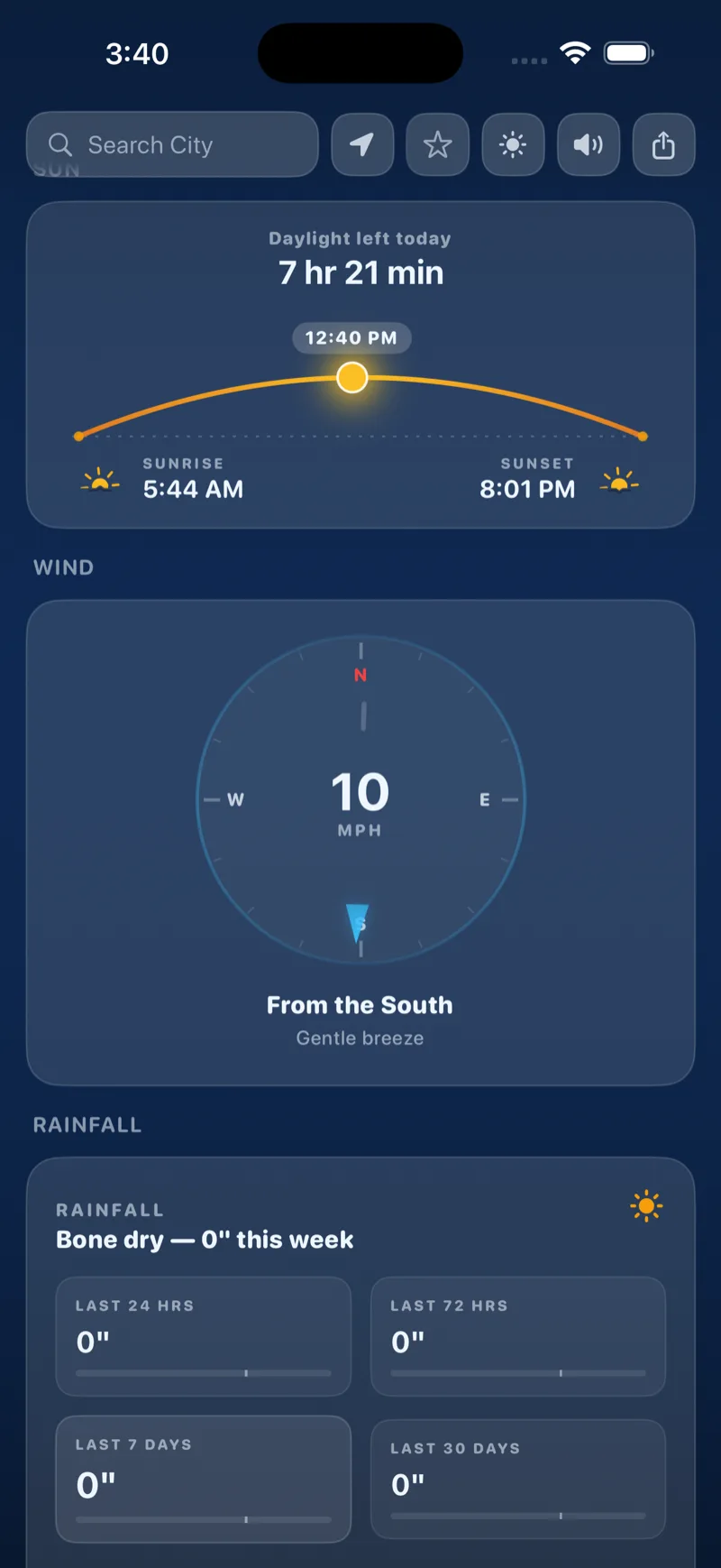 Daylight arc, wind compass, and rainfall totals